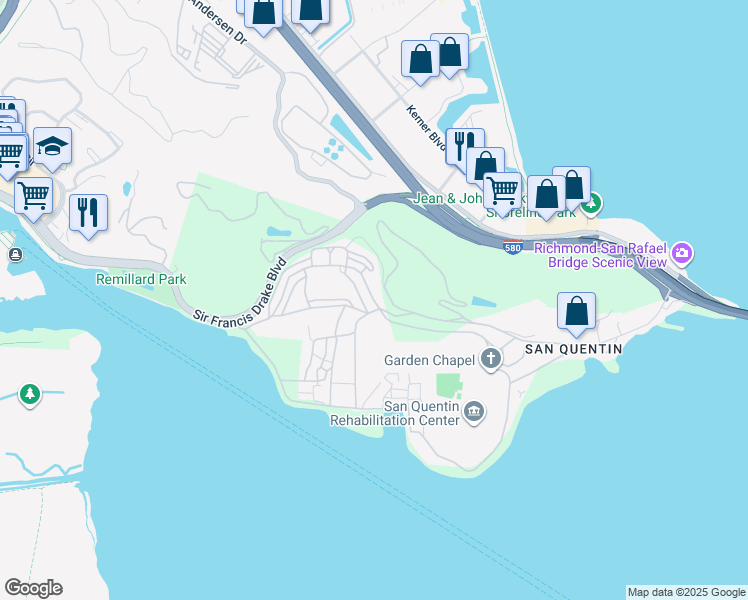 map of restaurants, bars, coffee shops, grocery stores, and more near Valley Way in San Quentin