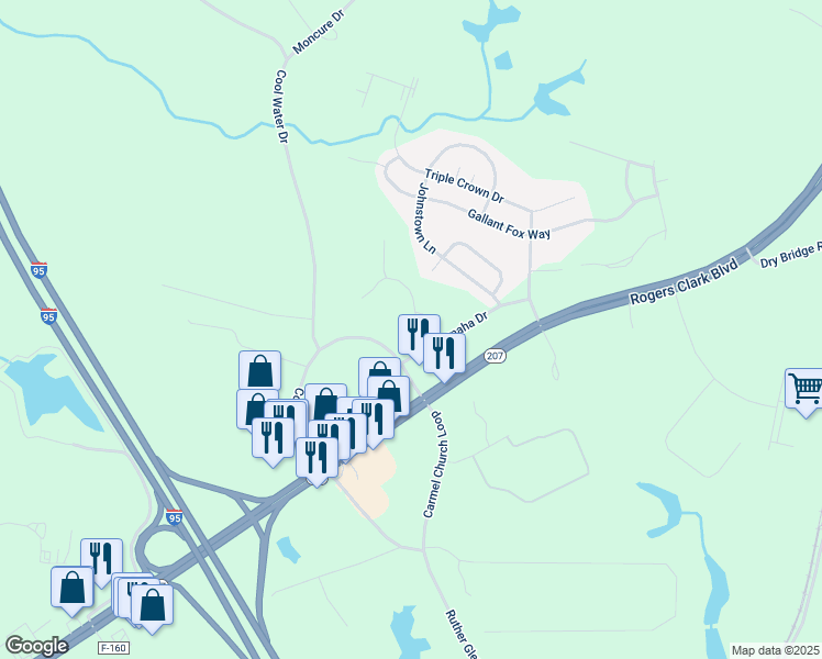 map of restaurants, bars, coffee shops, grocery stores, and more near 23310 Westmont Drive in Ruther Glen