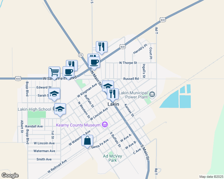map of restaurants, bars, coffee shops, grocery stores, and more near Washington Ave in Lakin