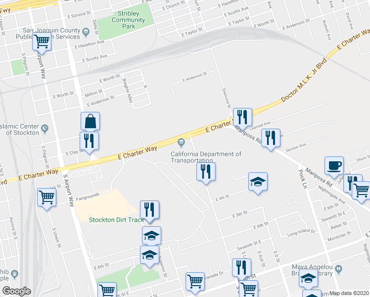 map of restaurants, bars, coffee shops, grocery stores, and more near 1976 East Charter Way in Stockton