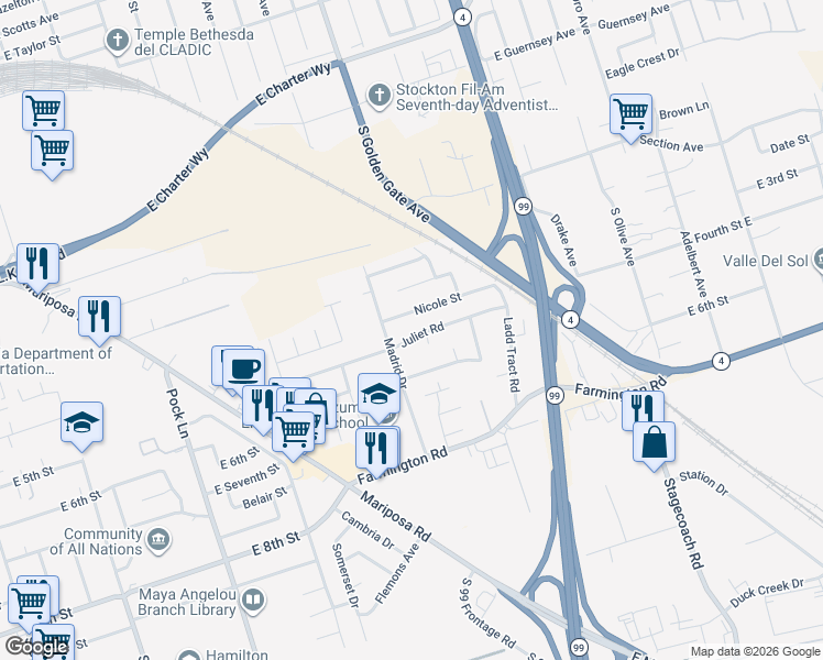 map of restaurants, bars, coffee shops, grocery stores, and more near 3036 Juliet Road in Stockton