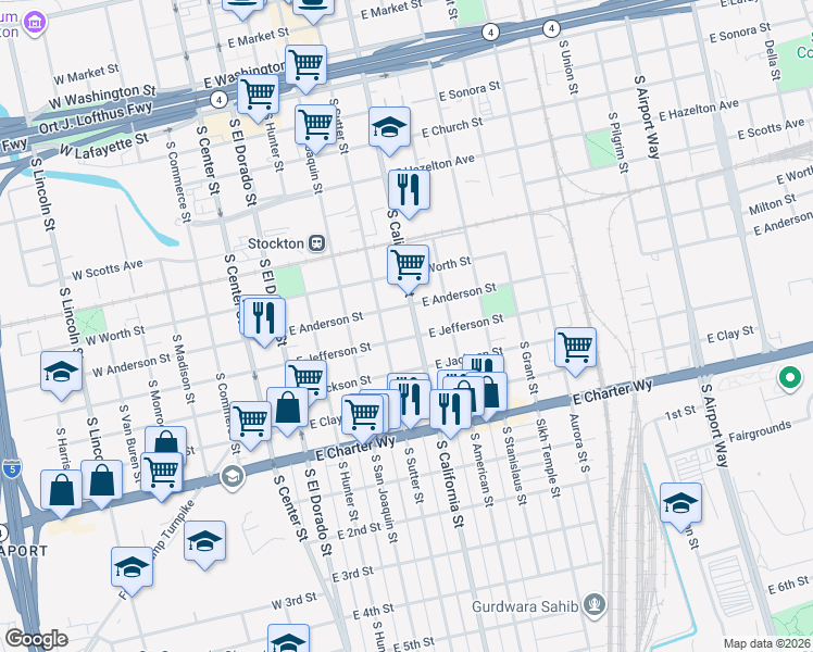 map of restaurants, bars, coffee shops, grocery stores, and more near 416 East Jefferson Street in Stockton