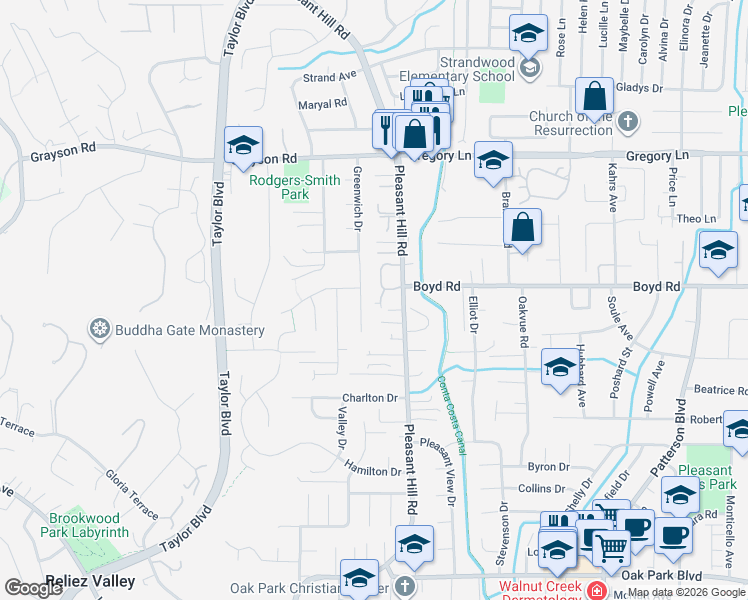 map of restaurants, bars, coffee shops, grocery stores, and more near 240 Greenwich Drive in Pleasant Hill