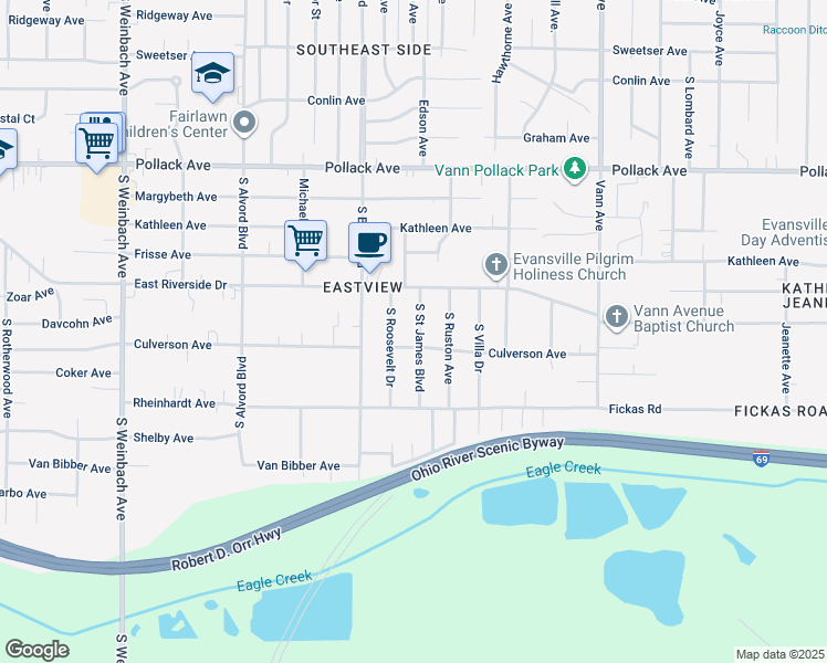 map of restaurants, bars, coffee shops, grocery stores, and more near 2457 Culverson Avenue in Evansville