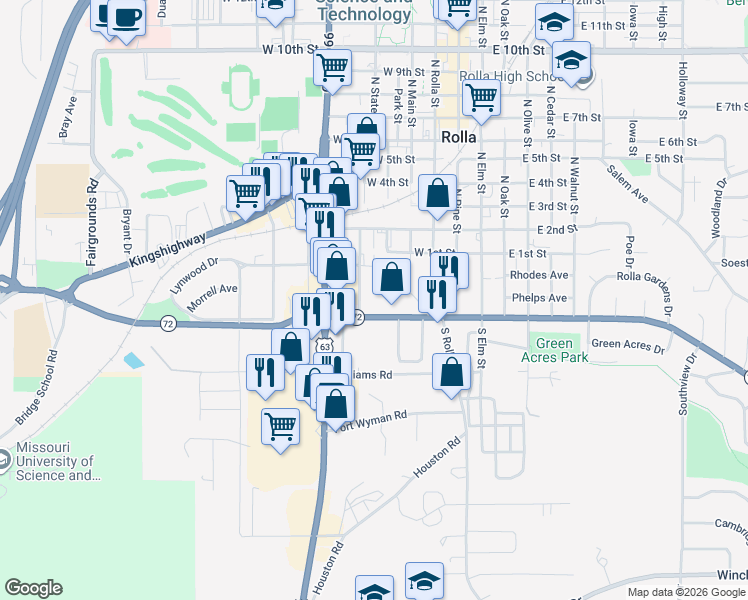 map of restaurants, bars, coffee shops, grocery stores, and more near 500 Missouri 72 in Rolla