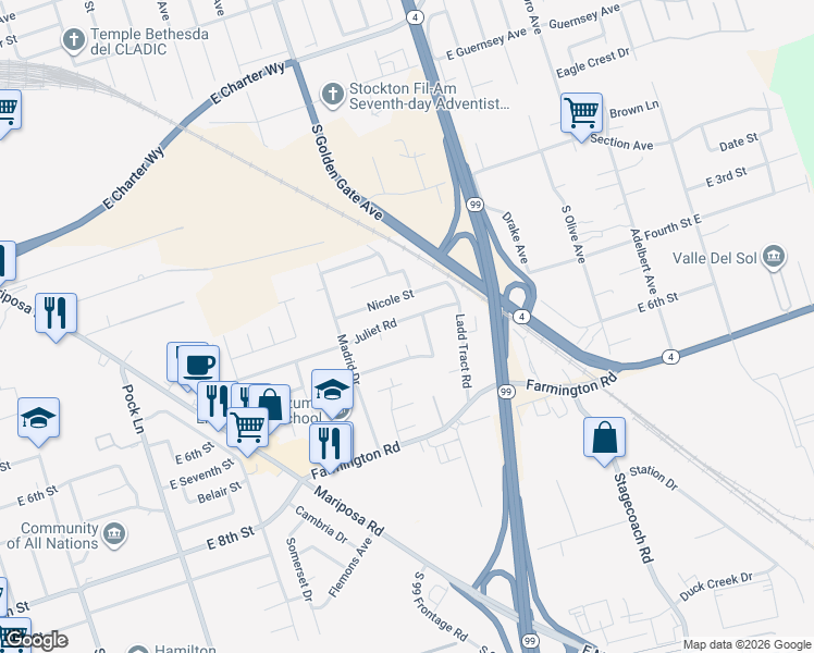 map of restaurants, bars, coffee shops, grocery stores, and more near 3175 Castellon Way in Stockton