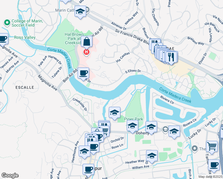 map of restaurants, bars, coffee shops, grocery stores, and more near 947 South Eliseo Drive in Larkspur