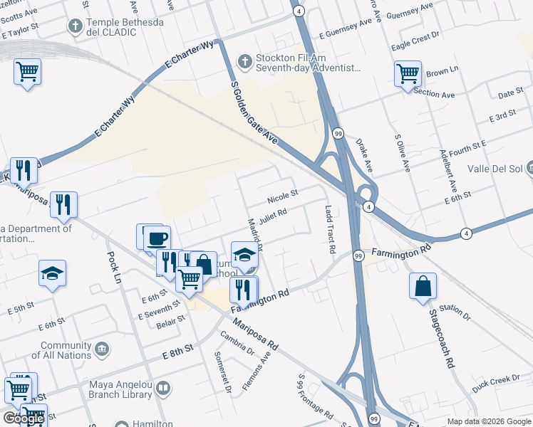 map of restaurants, bars, coffee shops, grocery stores, and more near 3036 Juliet Road in Stockton