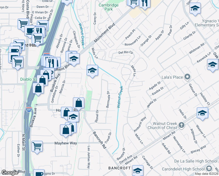 map of restaurants, bars, coffee shops, grocery stores, and more near 1024 Bermuda Drive in Concord