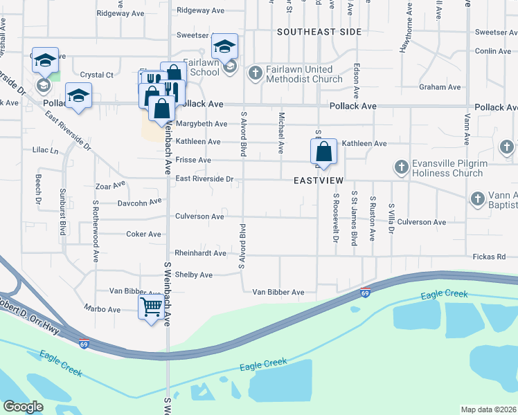 map of restaurants, bars, coffee shops, grocery stores, and more near 2700 South Alvord Boulevard in Evansville