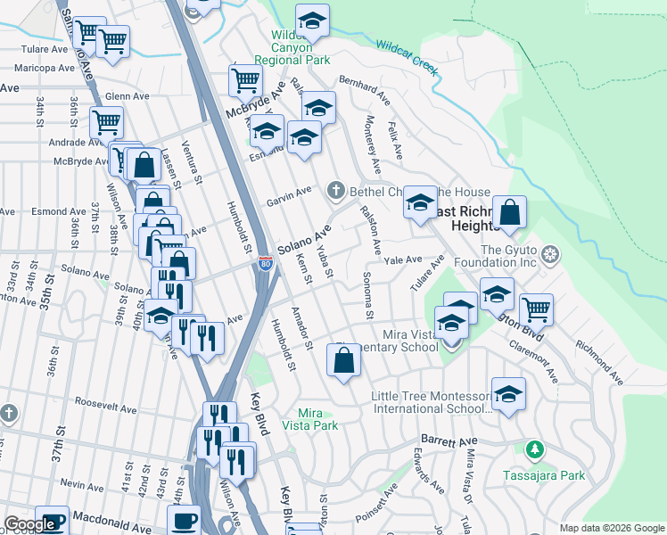 map of restaurants, bars, coffee shops, grocery stores, and more near 712 Yuba Street in Richmond