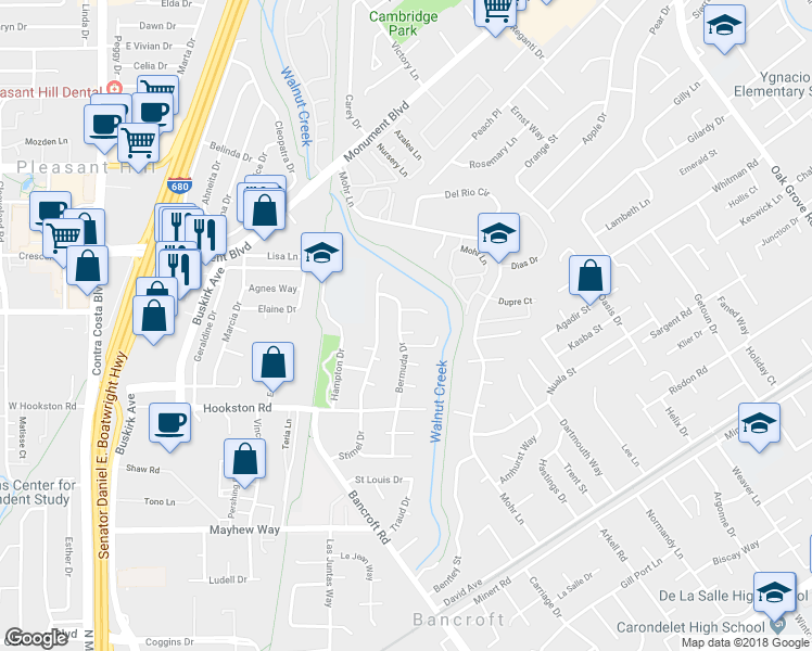 map of restaurants, bars, coffee shops, grocery stores, and more near 1024 Bermuda Drive in Concord