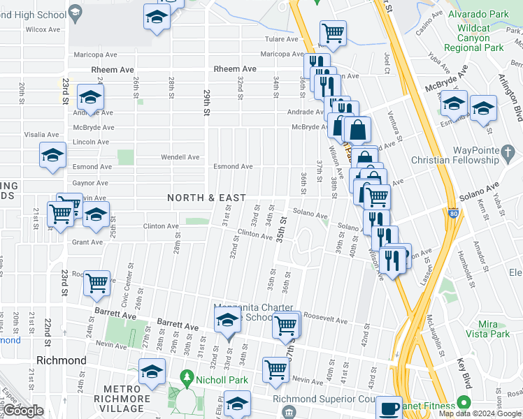 map of restaurants, bars, coffee shops, grocery stores, and more near 768 33rd Street in Richmond