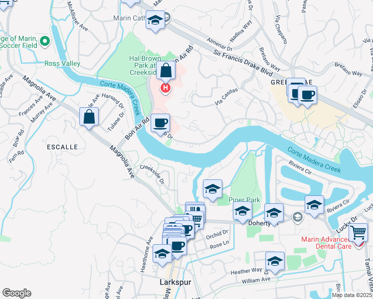 map of restaurants, bars, coffee shops, grocery stores, and more near 1063 S Eliseo Dr in Greenbrae