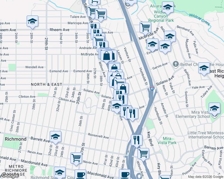 map of restaurants, bars, coffee shops, grocery stores, and more near 764 Wilson Avenue in Richmond