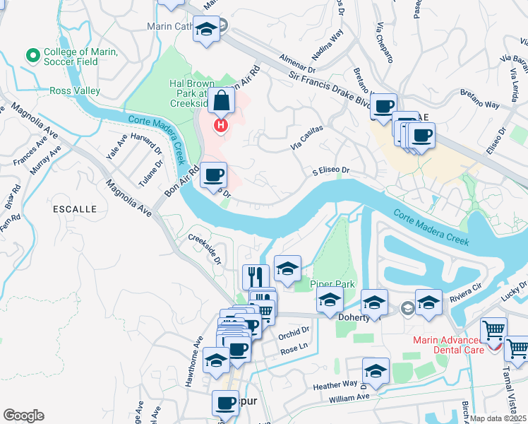 map of restaurants, bars, coffee shops, grocery stores, and more near 917 South Eliseo Drive in Larkspur