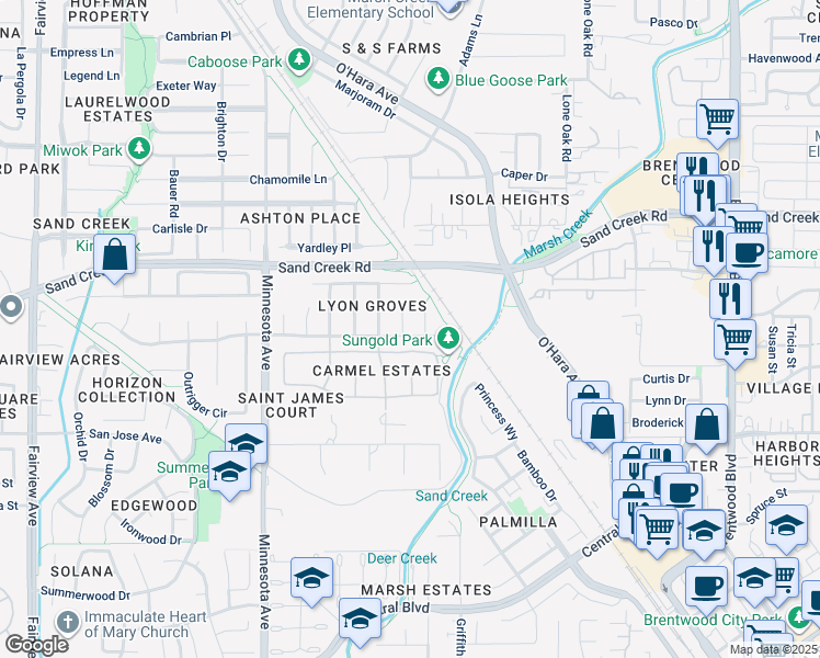 map of restaurants, bars, coffee shops, grocery stores, and more near 1290 Babcock Court in Brentwood