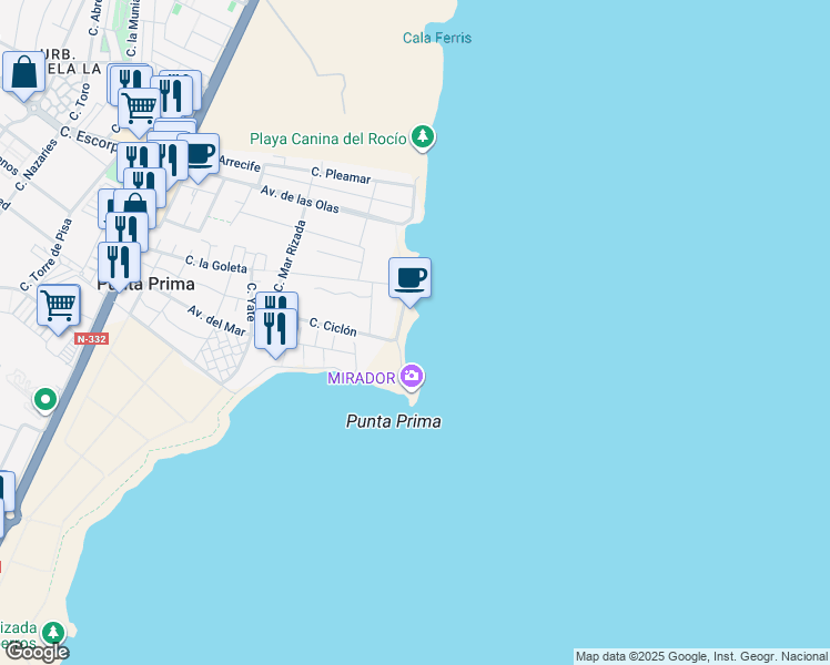 map of restaurants, bars, coffee shops, grocery stores, and more near 8 Urbanización Punta Prima in Torrevieja