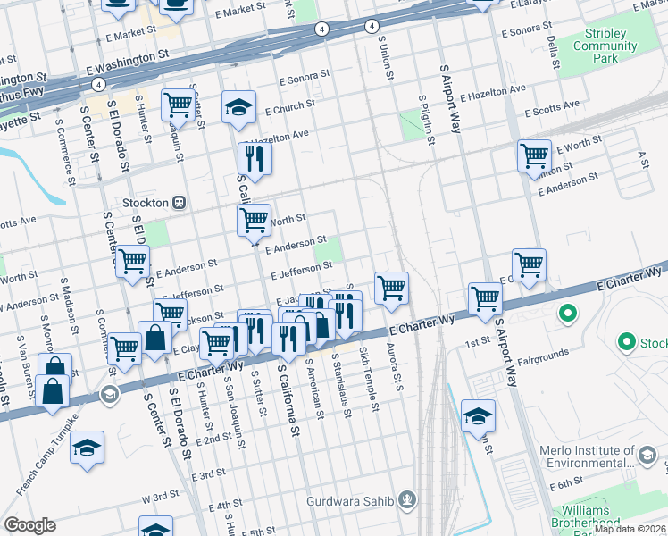 map of restaurants, bars, coffee shops, grocery stores, and more near 726 East Jefferson Street in Stockton