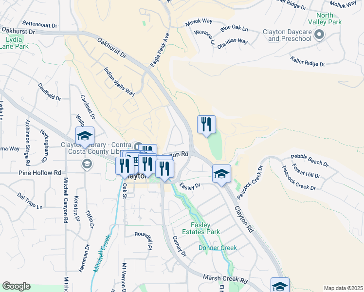 map of restaurants, bars, coffee shops, grocery stores, and more near 1183 Shell Lane in Clayton