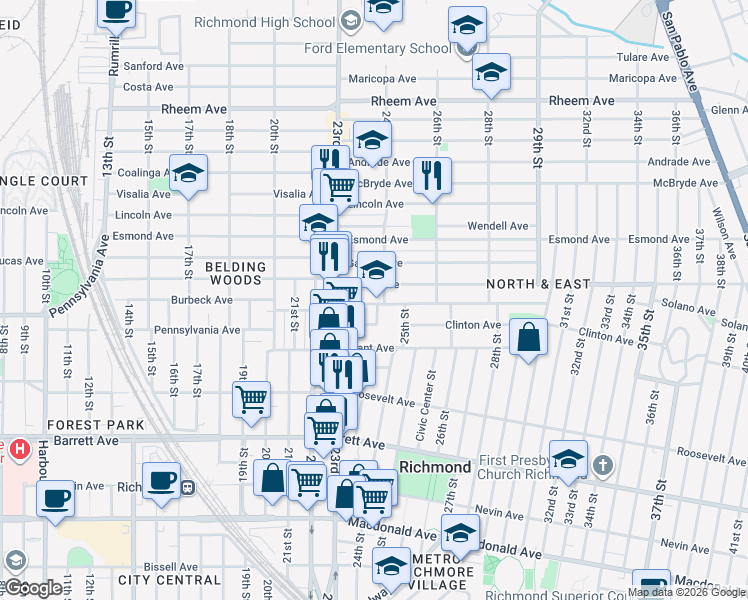 map of restaurants, bars, coffee shops, grocery stores, and more near 2367 Clinton Avenue in Richmond