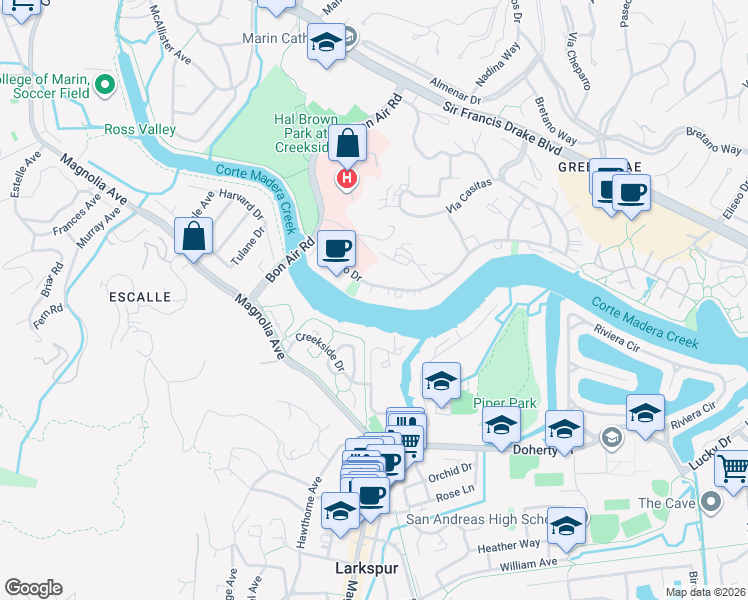 map of restaurants, bars, coffee shops, grocery stores, and more near 505 Larkspur Plaza Drive in Larkspur