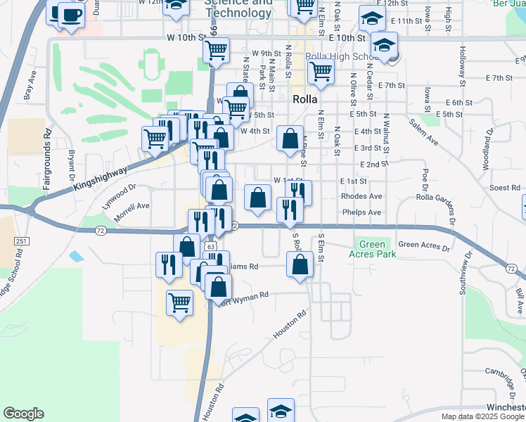 map of restaurants, bars, coffee shops, grocery stores, and more near 500 Missouri 72 in Rolla