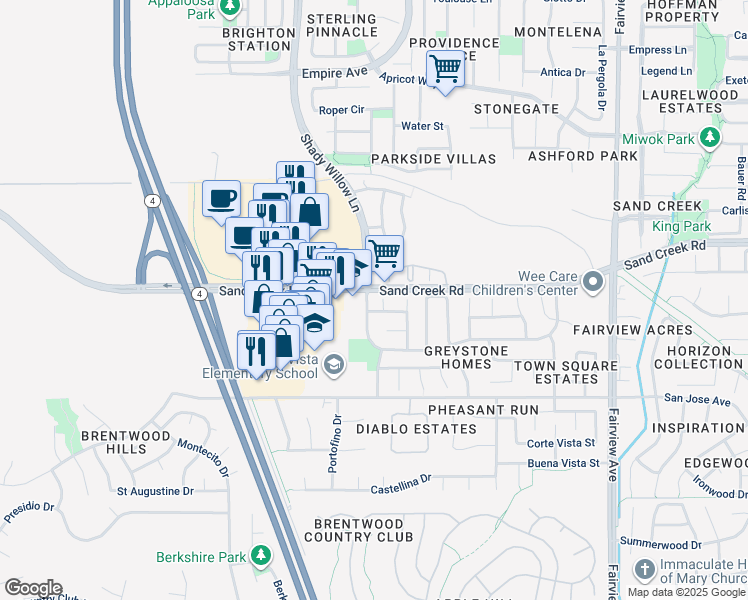map of restaurants, bars, coffee shops, grocery stores, and more near 1187 Vale Court in Brentwood