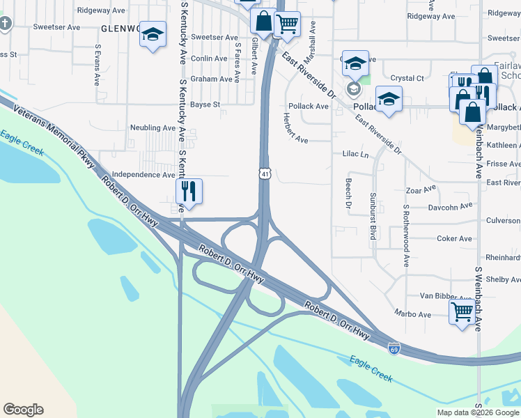 map of restaurants, bars, coffee shops, grocery stores, and more near 2401 U.S. 41 in Evansville