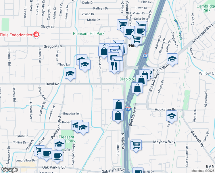 map of restaurants, bars, coffee shops, grocery stores, and more near 111 Cleaveland Road in Pleasant Hill