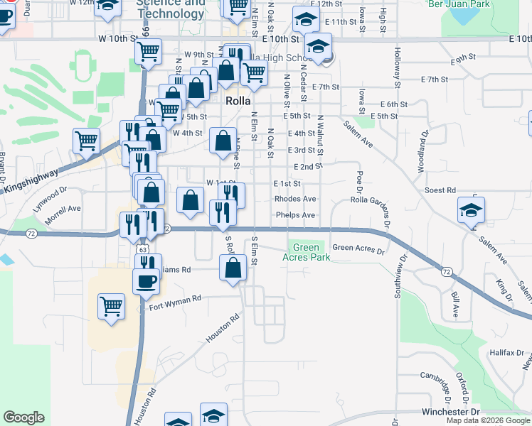 map of restaurants, bars, coffee shops, grocery stores, and more near 208 South Oak Street in Rolla