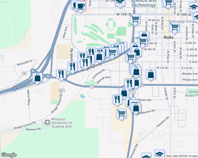 map of restaurants, bars, coffee shops, grocery stores, and more near 1022 Morrell Avenue in Rolla