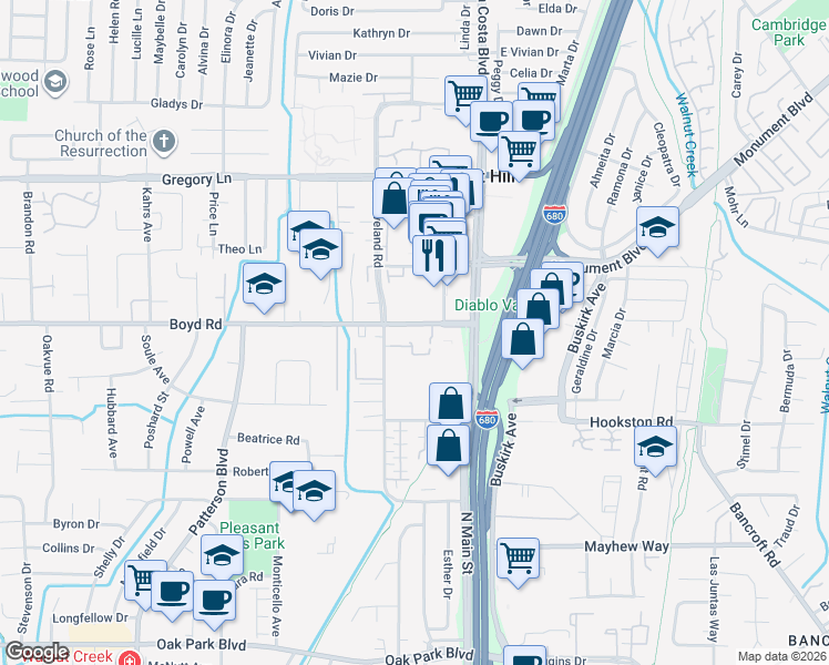 map of restaurants, bars, coffee shops, grocery stores, and more near 111 Cleaveland Road in Pleasant Hill