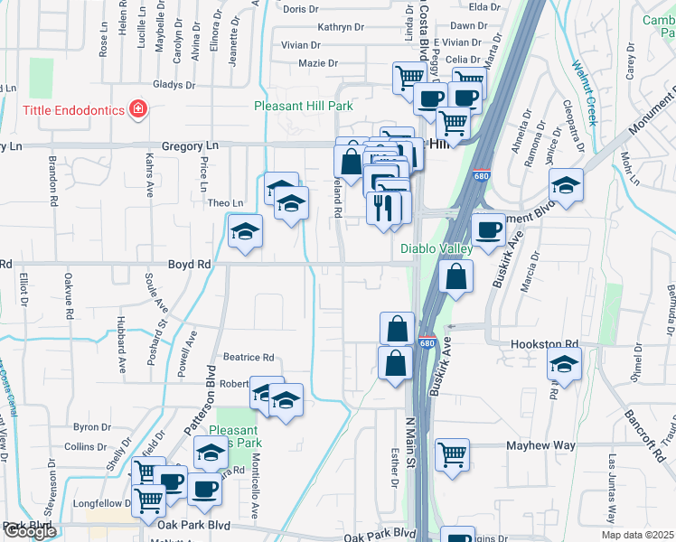 map of restaurants, bars, coffee shops, grocery stores, and more near 111 Cleaveland Road in Pleasant Hill