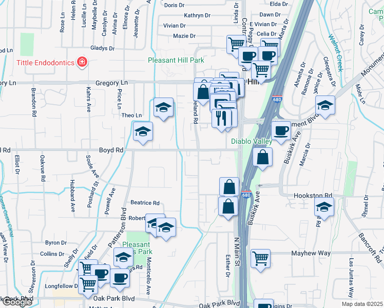 map of restaurants, bars, coffee shops, grocery stores, and more near 111 Cleaveland Road in Pleasant Hill