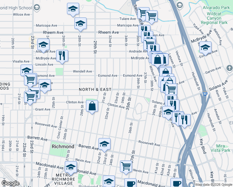 map of restaurants, bars, coffee shops, grocery stores, and more near 734 33rd Street in Richmond