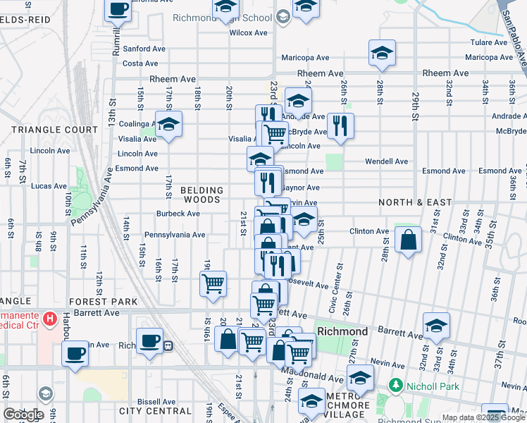 map of restaurants, bars, coffee shops, grocery stores, and more near 727 23rd Street in Richmond