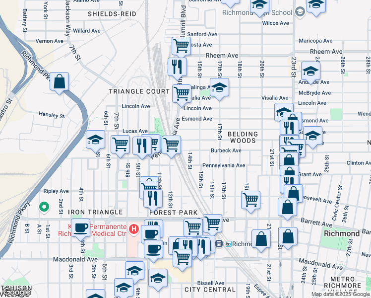 map of restaurants, bars, coffee shops, grocery stores, and more near 707 14th Street in Richmond
