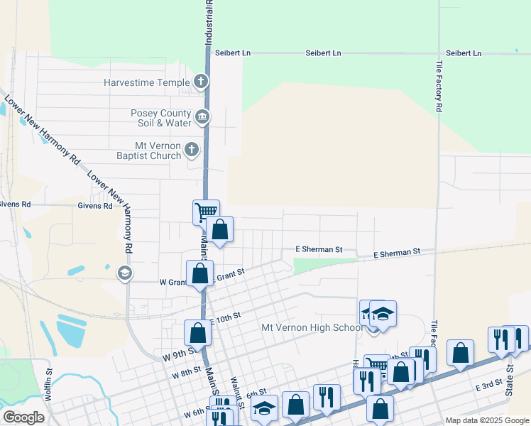 map of restaurants, bars, coffee shops, grocery stores, and more near 419 East Lincoln Avenue in Mount Vernon