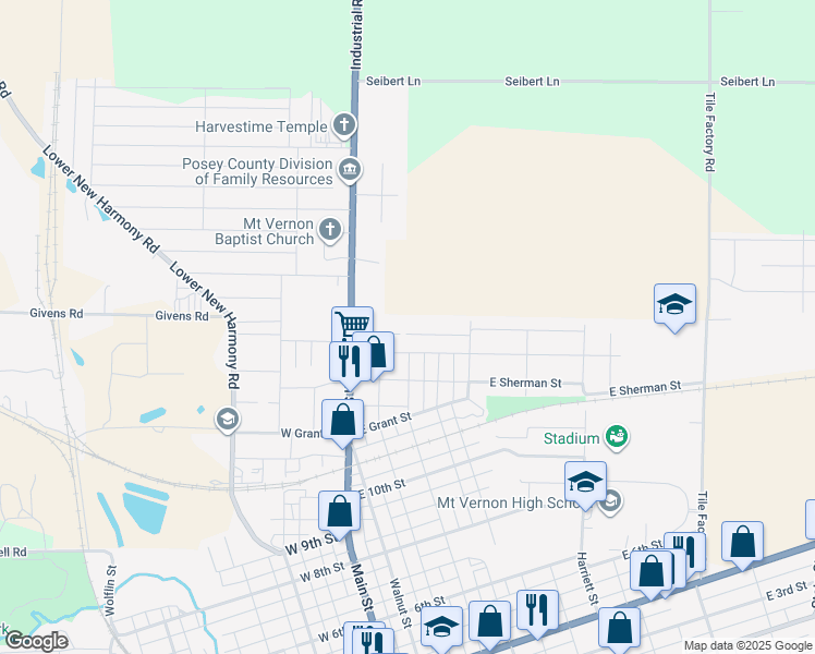map of restaurants, bars, coffee shops, grocery stores, and more near 325 East Lincoln Avenue in Mount Vernon
