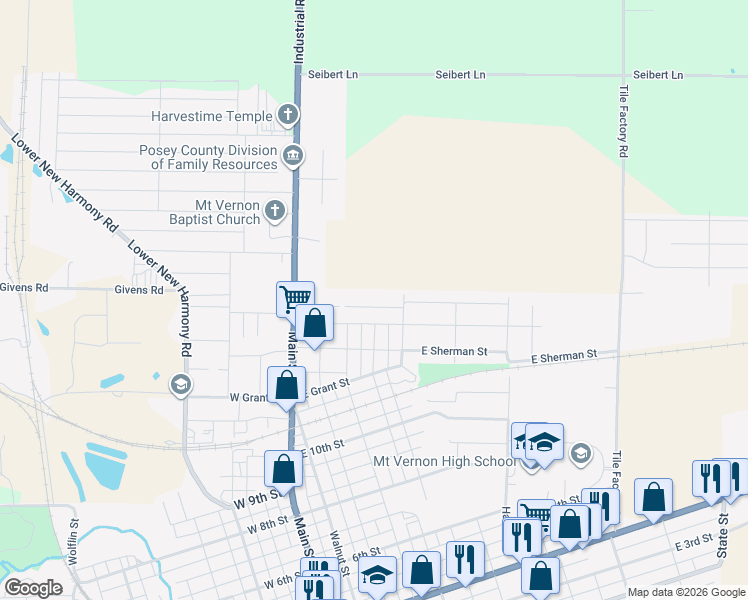 map of restaurants, bars, coffee shops, grocery stores, and more near 419 East Lincoln Avenue in Mount Vernon