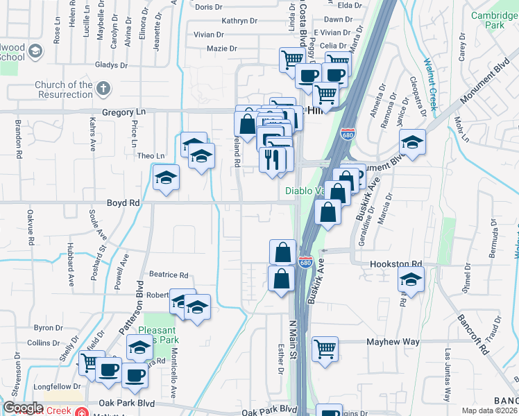 map of restaurants, bars, coffee shops, grocery stores, and more near 100 Boyd Road in Pleasant Hill
