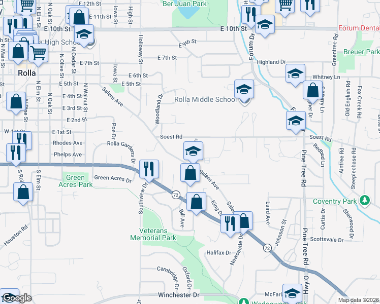 map of restaurants, bars, coffee shops, grocery stores, and more near 673 Salem Avenue in Rolla
