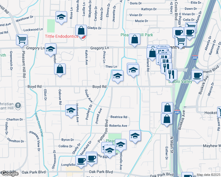 map of restaurants, bars, coffee shops, grocery stores, and more near 101 Patterson Boulevard in Pleasant Hill