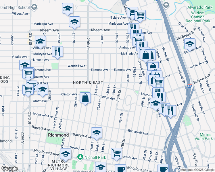 map of restaurants, bars, coffee shops, grocery stores, and more near 734 33rd Street in Richmond