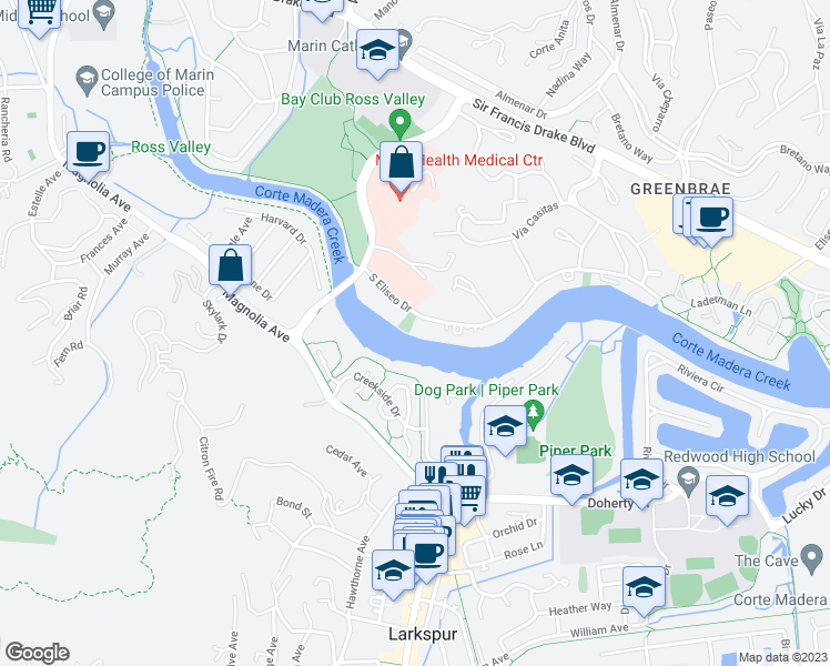 map of restaurants, bars, coffee shops, grocery stores, and more near 1137 South Eliseo Drive in Larkspur