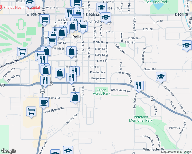 map of restaurants, bars, coffee shops, grocery stores, and more near 313 Phelps Avenue in Rolla