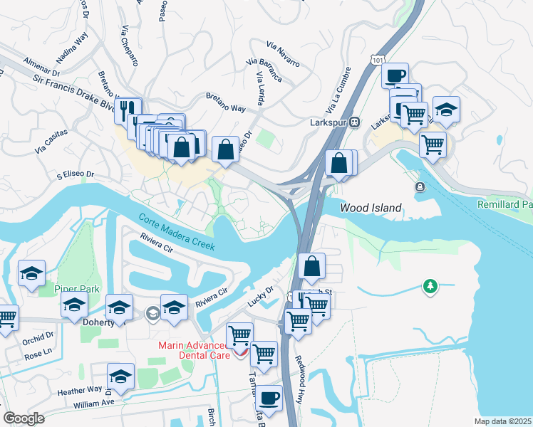 map of restaurants, bars, coffee shops, grocery stores, and more near 15 Drakes View Circle in Larkspur