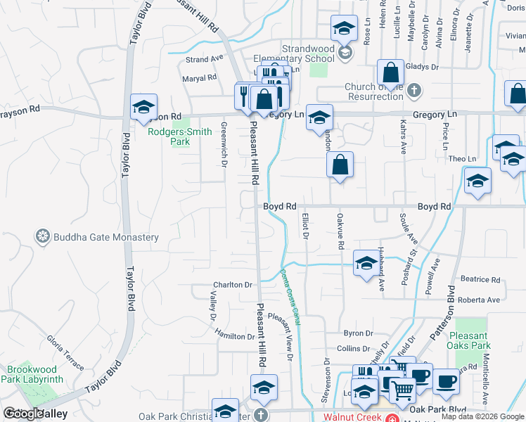 map of restaurants, bars, coffee shops, grocery stores, and more near 580 Boyd Road in Pleasant Hill