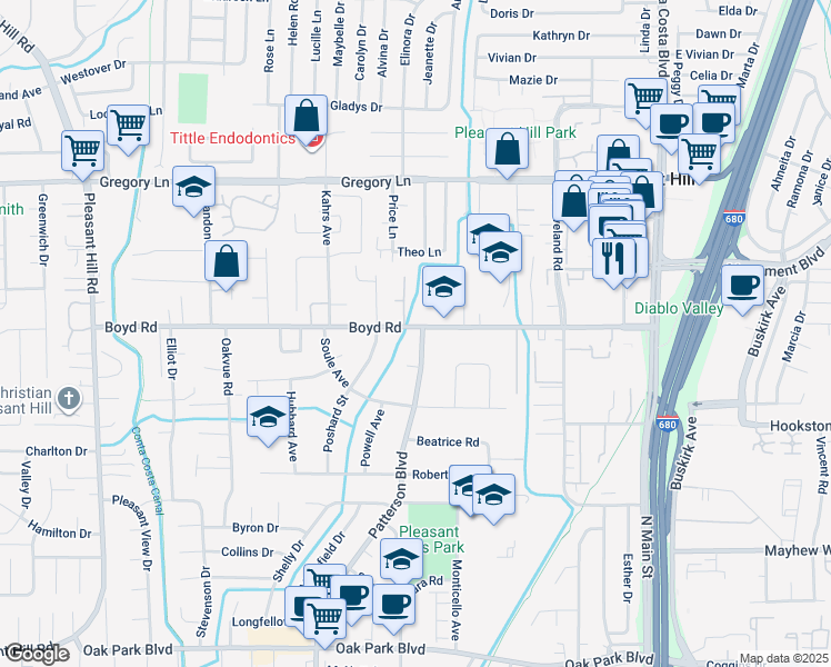 map of restaurants, bars, coffee shops, grocery stores, and more near 101 Patterson Boulevard in Pleasant Hill